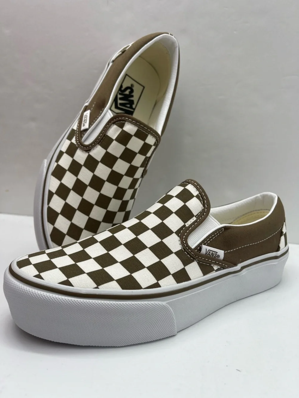 Vans Slip-On Platform Sneakers Checkerboard Sepia Brown VN00018E0E0 New - Picture 13 of 16